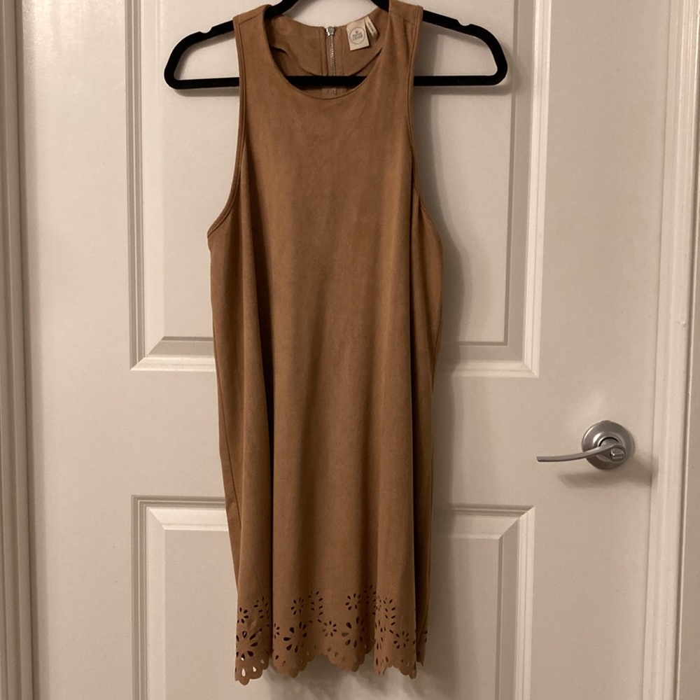 Brown suede-like dress with floral cutout pattern